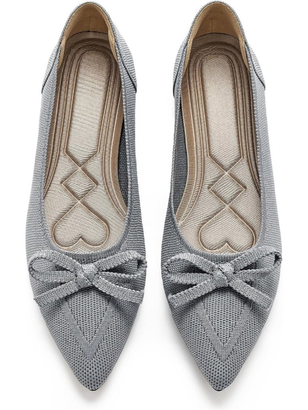 Women's Grey Pointed Toe Bow Knit Ballet Flats Comfortable Slip On Dress Shoes